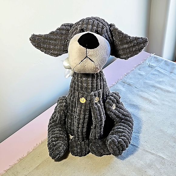 BEVERLY HILLS Teddy Bear Co. Plush Gray Toy Dog 12" Ribbed Doorstop Shelf Sitter - Picture 1 of 8